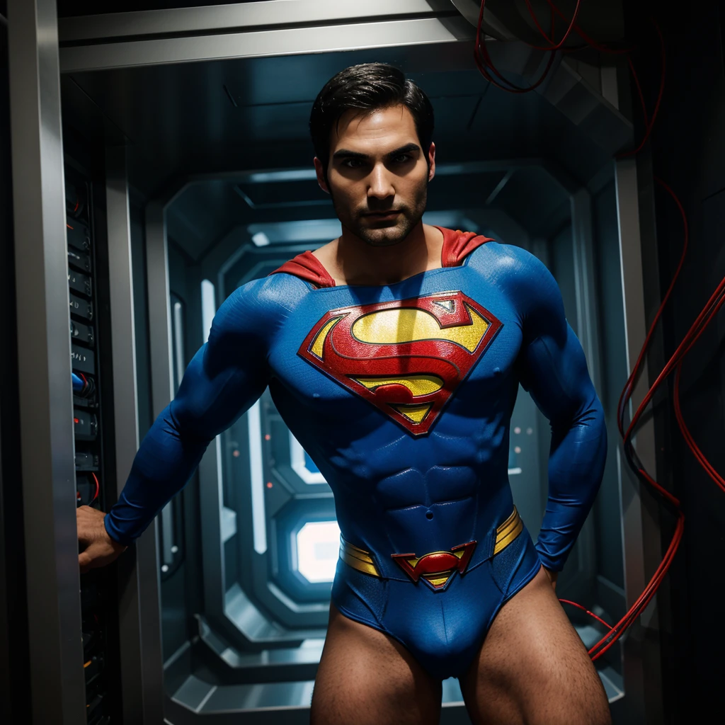 tyler hoechlin as classic musular Superman in full blue tight costume & red bikini briefs, is being strangled & intruded by thick electric cables, struggling, exhausted, helpless. many electric wires & a hi-tech round electronic gadget is attached on superman’s erected crotch & his bulge is being caressed, being assimilated into a supercomputer. trapped inside a futuristic lab.