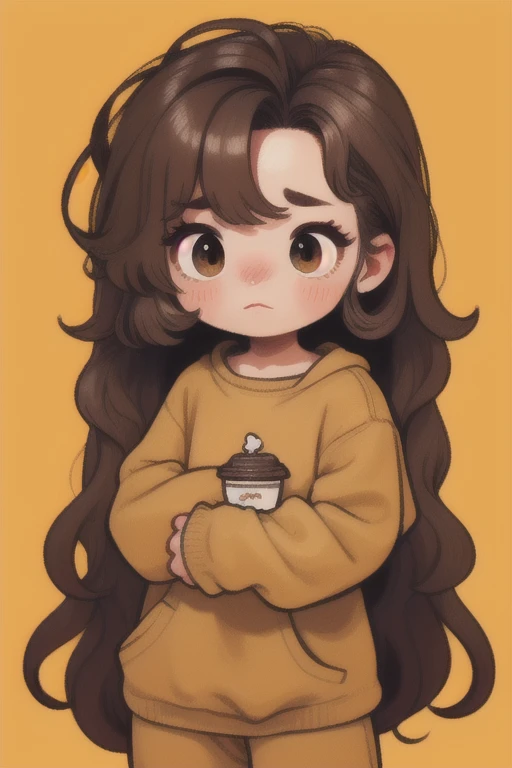 coffee, sleepy, Shy, blush, (very tousled dark brown tousled long hair:1.1), golden brown eyes, long eyelashes, whole body, Shy pose, loose, easy clothing style, simple background, 
