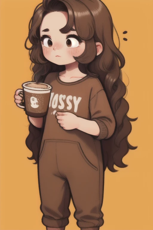 coffee, sleepy, Shy, blush, (very tousled dark brown tousled long hair:1.1), golden brown eyes, long eyelashes, whole body, Shy pose, loose, easy clothing style, simple background, 
