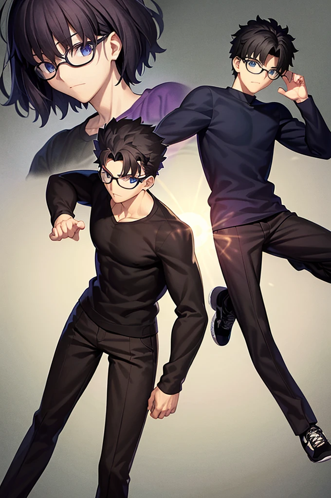 highest quality、masterpiece、Short black hair with natural curls、One boy、Blue eyes、24-year-old college student、Black and purple glasses、Black and white haori、Black sweater、Brown trousers、sneakers、whole body、White background@buu