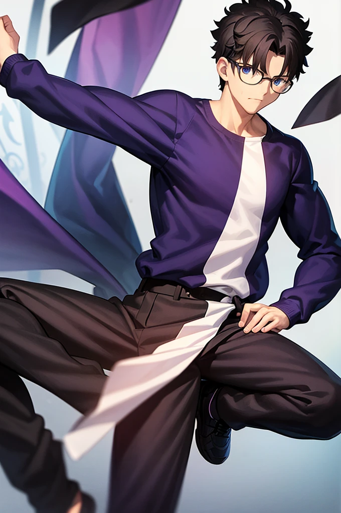 highest quality、masterpiece、Short black hair with natural curls、One boy、Blue eyes、24-year-old college student、Black and purple glasses、Black and white haori、Black sweater、Brown trousers、sneakers、whole body、White background@buu