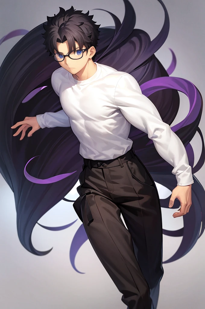 highest quality、masterpiece、Short black hair with natural curls、One boy、Blue eyes、24-year-old college student、Black and purple glasses、Black and white haori、Black sweater、Brown trousers、sneakers、whole body、White background@buu