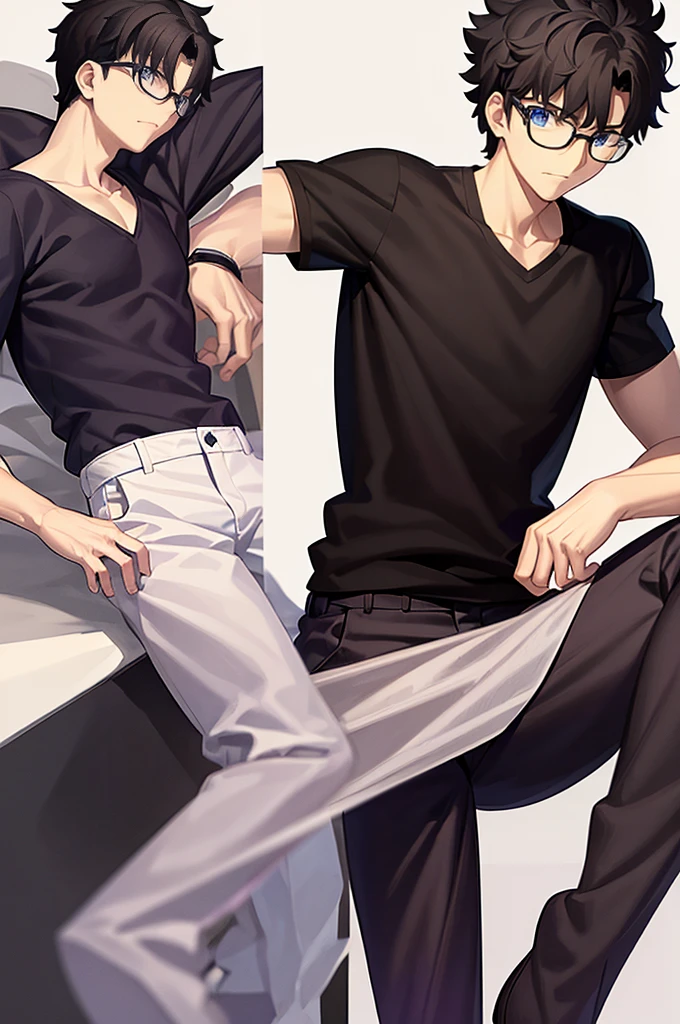 highest quality、masterpiece、Short black hair with natural curls、One boy、Blue eyes、24-year-old college student、Black and purple glasses、Black and white haori、Black sweater、Brown trousers、sneakers、whole body、White background@buu