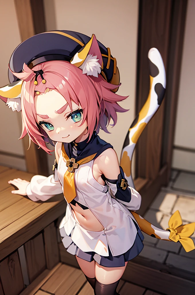catgirl, bottomless, 10 years old, furrowed eyebrows, smirk, loli, outside, tail, detached sleeves, hat