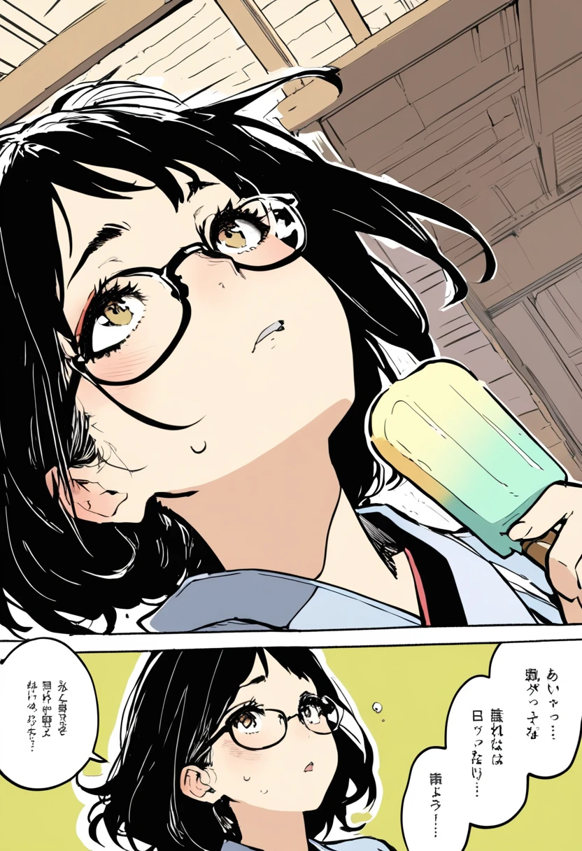 ultra-detailed:1.3, (absurdres, texture, masterpiece), dynamic angle, by Posuka Demizu, pixiv contest winner, A pop illustration that looks like a Japanese manga, a girl with glasses holds an icecream bar in Japanese veranda, the girl is exhausted by tremendous heat, spoken sweat, looking up,