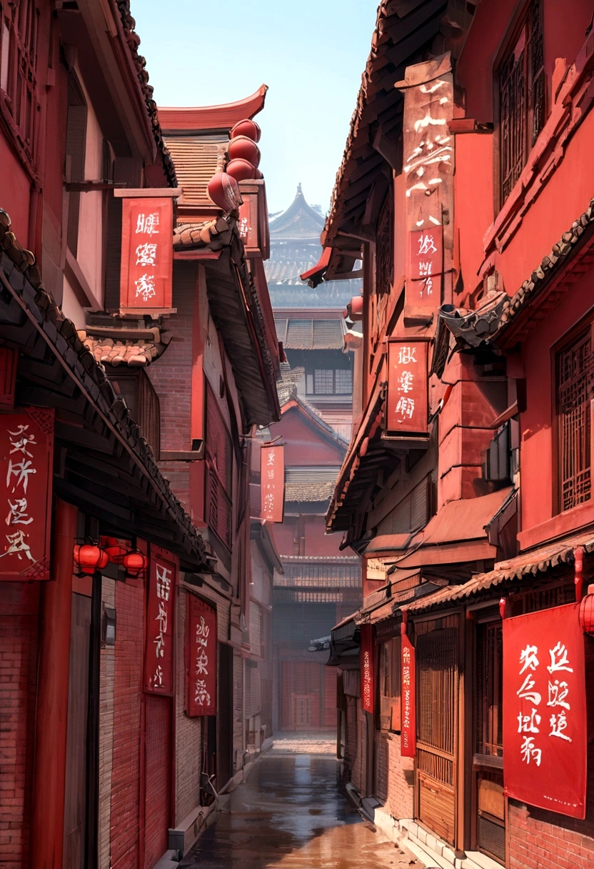 Close-up of a building with a sign, red bricks, Cover Chinese text, Chiba Yudai, Covered with Chinese, Wang Chen, Red Building, mud and brick houses, Eight thousand ),, brick, like jiufen, red roof,nice,Clear and not blurry