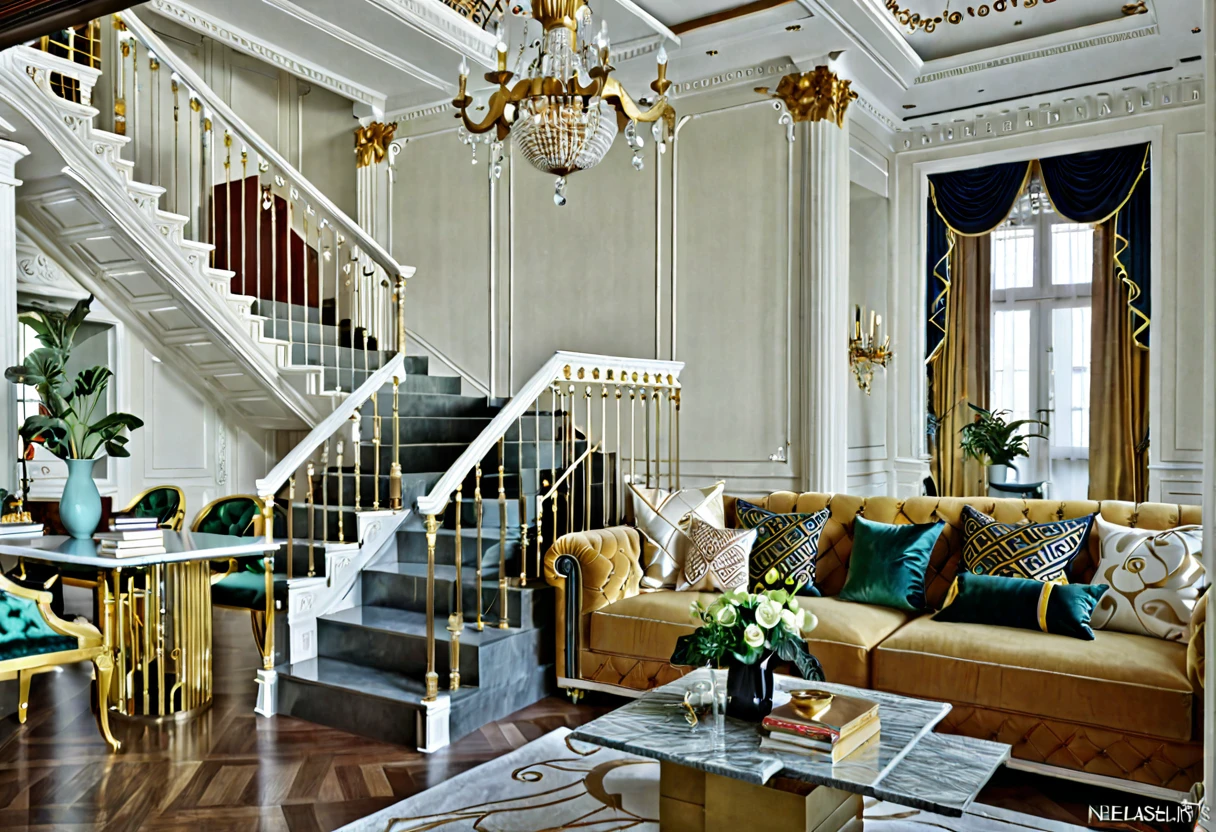 a view of a living room with a couch, chairs, and a chandelier, highly detailed interior, neo - classical style, neoclassical style, neoclassicism style, interior architecture view, interior living room, royal interior, classicism artstyle, library in the style of baroque, classicism style, realistic art deco, tall ceiling, detailed set design, high ceiling