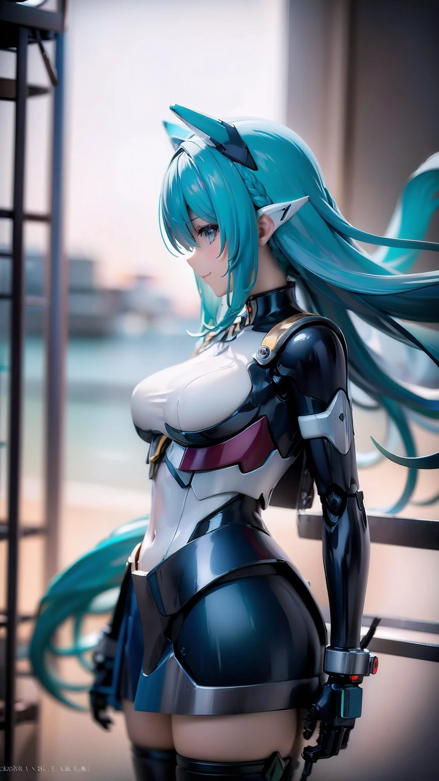 mechanical, Mecha, one person, one personで, Long Hair, profile, Upper Body, Science fiction, smile, Blue Hair, (headgear:1), technical background,Girl