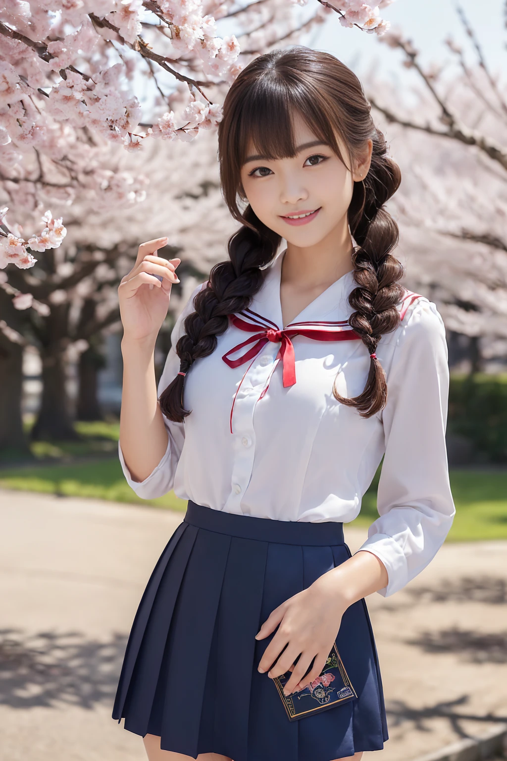 (masterpiece:1.3), High resolution, Super detailed, Very detailed, CG, Unity, 8k wallpaper, Realistic, photo-Realistic, RAW Photos, Raw photo, (8K, highest quality, masterpiece:1.2), (Photorealistic:1.4), Beautifully detailed face, Perfect and beautiful face, Beautiful and elaborate face, Accurate, Very detailed顔と肌の質感, Surface Details, Detailed hair texture, Perfect body, (Fair skin:1.2), Fine grain, Beautiful eyes in every detail, Slim face and figure, Big eyes, (Glossy Lips, Natural color lip:1.4), ((A sexy, sensual smile, A charming, sexy smile:1.4)), ((pretty girl, Random stylish hairstyles:1.4)), ((16 year old Japanese high school girl。She is wearing a tight sailor uniform.、The navy blue skirt accentuates the lines of her thighs and buttocks.。White blouse、Characterized by a red ribbon、Have a sexy charm。Her hair is straight and down to her shoulders、Bangs are blunt。She has a slightly seductive smile、He has a textbook in his hand。A spring landscape with cherry trees in full bloom in the background。The school building can be seen in the background.。The pose is a slight twist of the body.、The thighs and buttocks stand out prominently:1.4)), (Staring at the audience:1.3), ((Sexy shot of the camera, Bold sexy pose:1.3)), (Detailed Background:1.2), Perfect dynamic composition