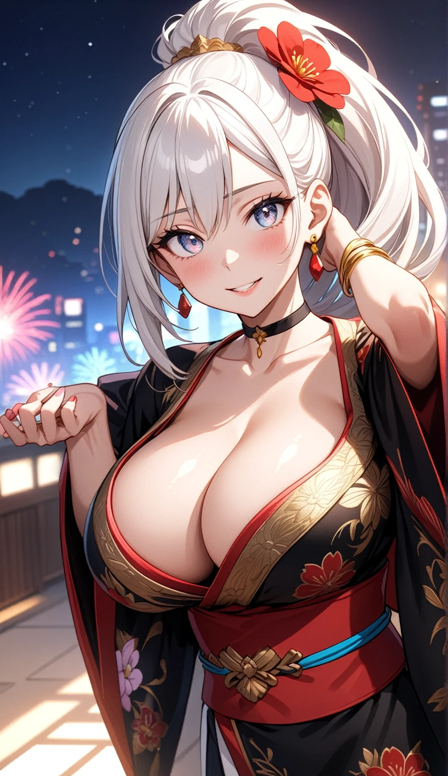 ((one personの女性)), Beautiful Face,((Wink:1.0)),((Put your hands behind your head:1.1)),(Bright red cheeks:1.4),Laughing embarrassedly,Laughing with your mouth open,Glossy pink lips,Lighting on the face,night,rooftop,night景,Colorful fireworks,((Anime style background)),masterpiece, highest quality, so beautiful, Latest, Complex details, (Pink long nails),(ring),(bracelet),(choker),AI-generated, Complex,High resolution, highest quality, super high quality,3D Images、View your viewers、3D Images,one person,Long white hair,High Ponytail,(blue eyes),Anime woman posing for a photo, ((Fine grain、Silvery white colorful eyes、Shining Eyes:1.2)),(Squint your eyes:1.1),a hyperRealistic , hyperRealistic , Realistic,Anime woman with long and white hair, Smooth anime CG art, A woman in a colorful kimono with gold embroidery, (Black kimono),Red floral pattern,Long flower hair ornament,Big earrings,Mature Body,(Big Breasts:1.2),Tall,Abdominal muscles,Narrow waist,(Zoom in on face:1.3),Shooting from an angle