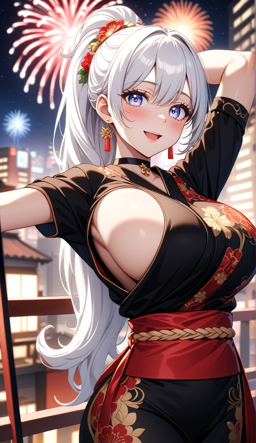 ((one personの女性)), Beautiful Face,((Wink:1.0)),((Put your hands behind your head:1.1)),(Bright red cheeks:1.4),Laughing embarrassedly,Laughing with your mouth open,Glossy pink lips,Lighting on the face,night,rooftop,night景,Colorful fireworks,((Anime style background)),masterpiece, highest quality, so beautiful, Latest, Complex details, (Pink long nails),(ring),(bracelet),(choker),AI-generated, Complex,High resolution, highest quality, super high quality,3D Images、View your viewers、3D Images,one person,Long white hair,High Ponytail,(blue eyes),Anime woman posing for a photo, ((Fine grain、Silvery white colorful eyes、Shining Eyes:1.2)),(Squint your eyes:1.1),a hyperRealistic , hyperRealistic , Realistic,Anime woman with long and white hair, Smooth anime CG art, A woman in a colorful kimono with gold embroidery, (Black kimono),Red floral pattern,Long flower hair ornament,Big earrings,Mature Body,(Big Breasts:1.2),Tall,Abdominal muscles,Narrow waist,(Zoom in on face:1.3),Shooting from an angle
