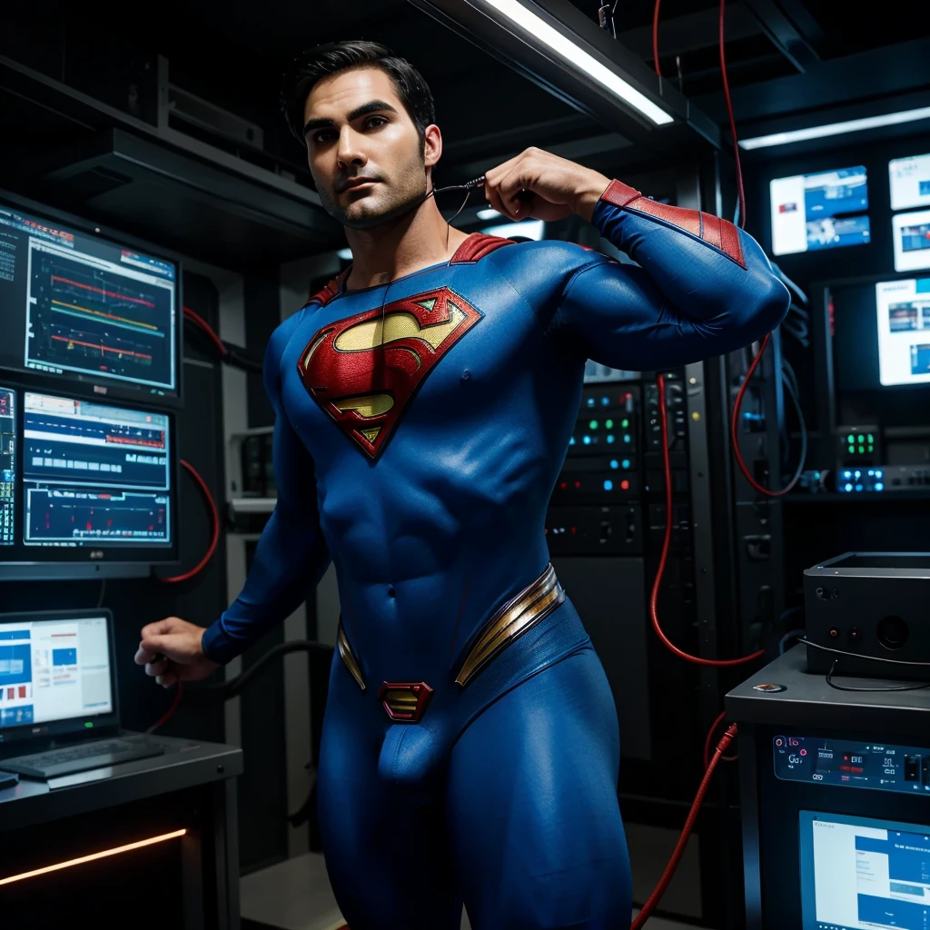 tyler hoechlin as classic musular Superman in full blue tight costume & red bikini briefs, is being strangled & intruded by thick electric cables, struggling, exhausted, helpless. many electric wires & a hi-tech round electronic gadget is attached on superman’s erected crotch & his bulge is being caressed, being assimilated into a supercomputer. trapped inside a futuristic lab.