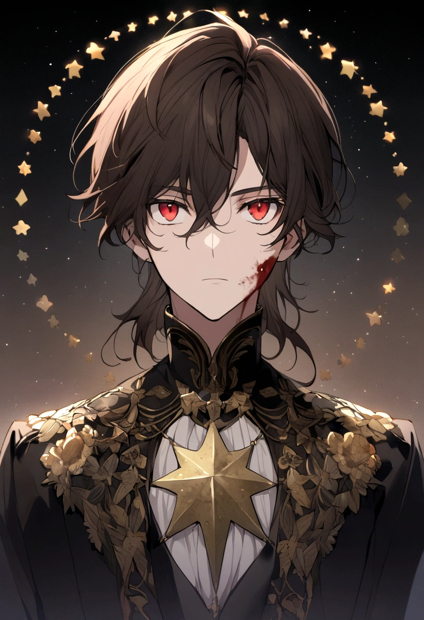 Anime boy with red eyes looking straight ahead with straight tousled dark brown hair and little blood on his face, tiene camisa naranja con negro y en el fondo tiene a una luna con estrellas.