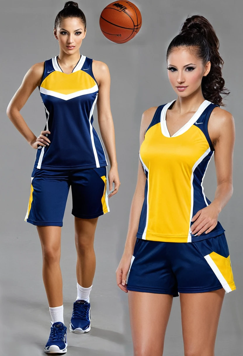 Create a sexy style women's uniform for a basketball team. Colors should be light blue, navy blue and yellow