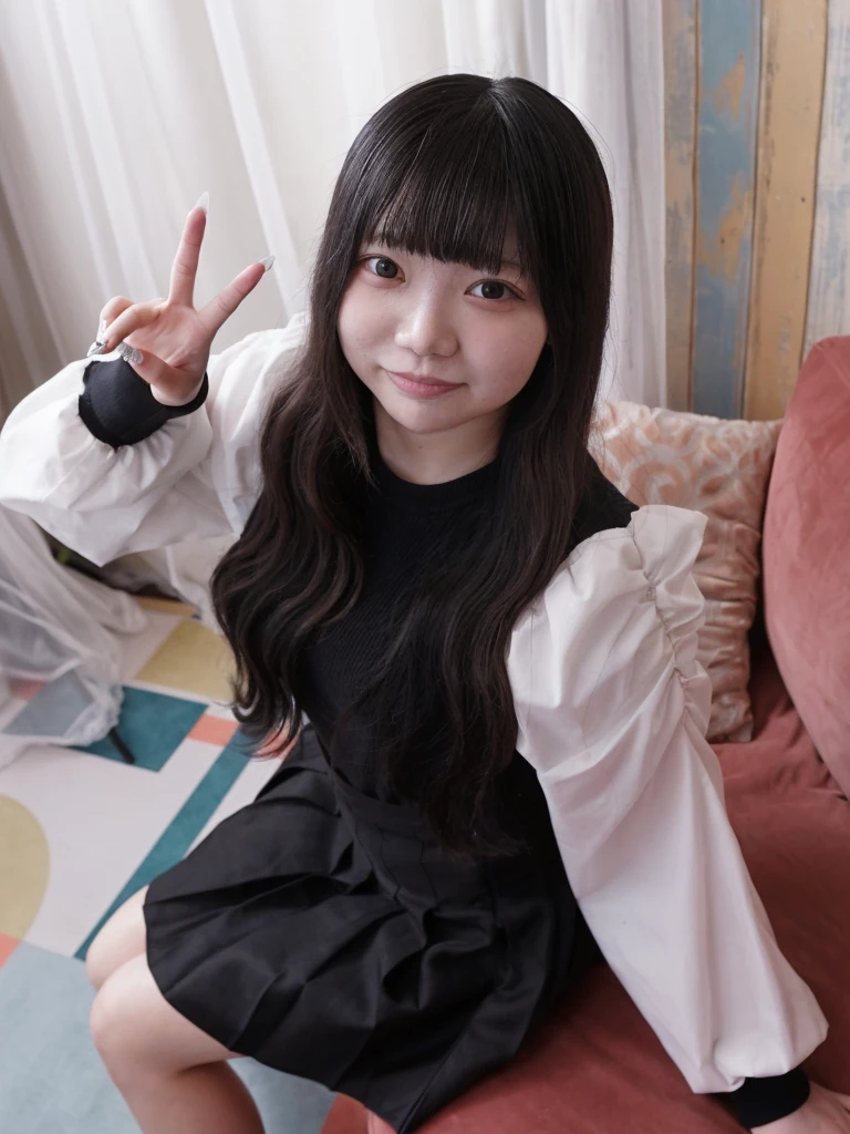 there is a young woman sitting on a couch with a remote, chiho, taken with canon eos 5 d mark iv, taken with canon 8 0 d, taken with canon eos 5 d, shikamimi, taken with canon 5d mk4, sui ishida with black hair, portrait of a japanese teen, Yoshitomo Nara
