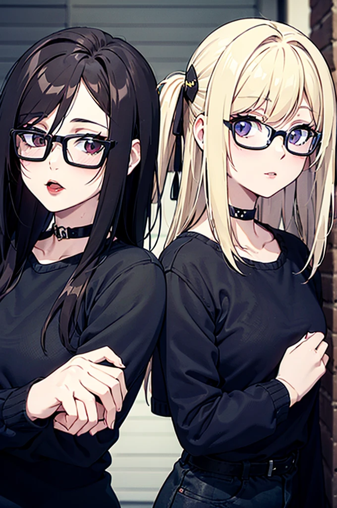 cel shading, detailed eyes, best quality, highly detailed, masterpiece, best quality, 1male, 1female, two people, friends, half-body, vampire male with short blonde parted hair, cowboy hat, vampire woman wearing black square glasses has hair between eyes long side locks long dark red hair with detailed nose wearing red lipstick with hair in ponytail, black choker, cowboy outfits