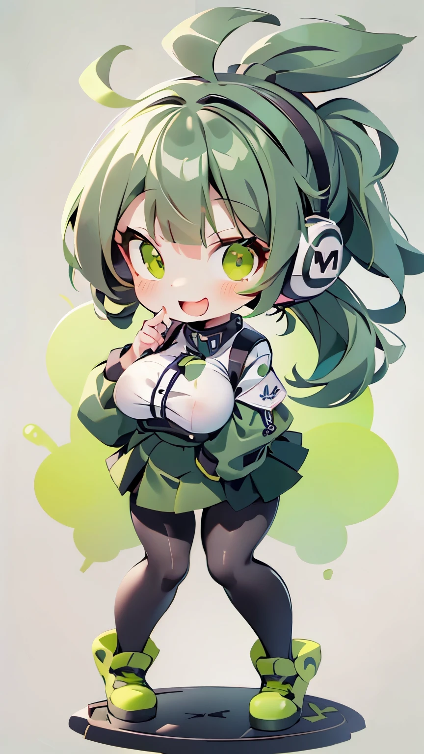 Chibi,ponytail,1 person,smile,headphone,high school girl,Green Hair,No sleeve,Black Pantyhose,highest quality,High resolution,Droopy eyes,Green Eyes,uniform,Straight bangs,Black and green outfit,Big Breasts,smile,mini skirt,Open your mouth a little
