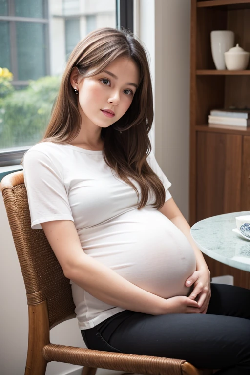 Pregnant women、Caucasian、Brown Hair、Sit on a chair