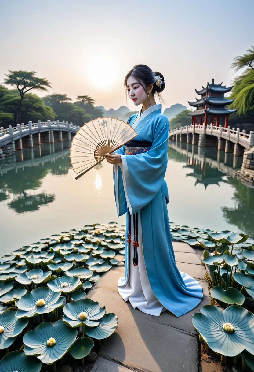 Portrait，Ultra-clear details，The surface of the lake ripples：Lakeside Beauty，A Hanfu with blue and white porcelain pattern，Holding a folding fan half-covering the face，Eyes full of affection，身后The surface of the lake ripples，Lotus flowers dotted the landscape，The ancient bridge lies in the distance，The setting sun is shining，Constitute a picture of Jiangnan water town。