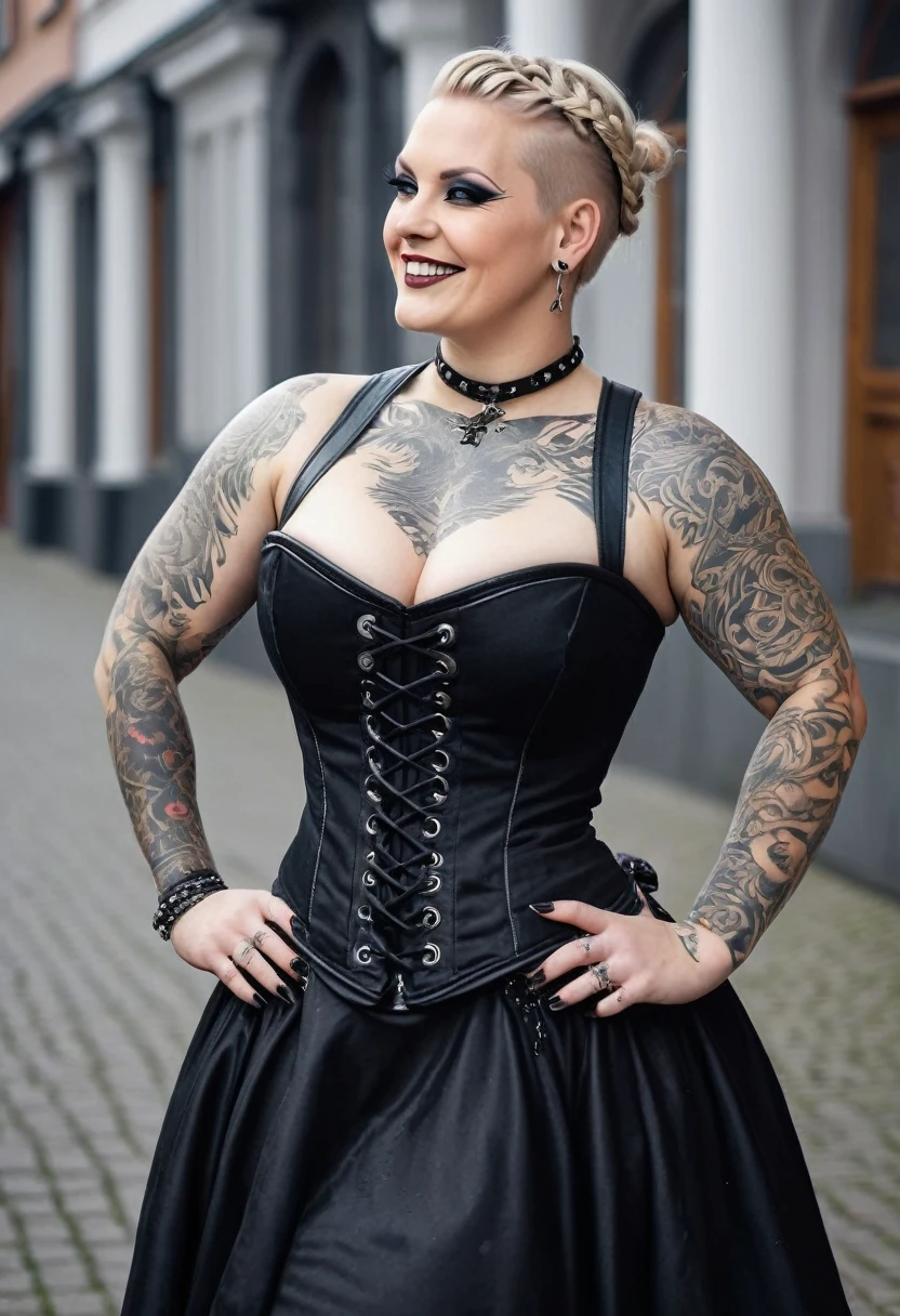 Foto of a (chubby) but muscular scandinavian woman, (Ingrid Mueller) 35 years old, blonde hair,sidecut and braided hairstyle, nordic tattoos. wearing goth outfit. black viktorian dress and corset. goth make-up. smiling. full body shot. masterpiece 4k high detailed, high quality