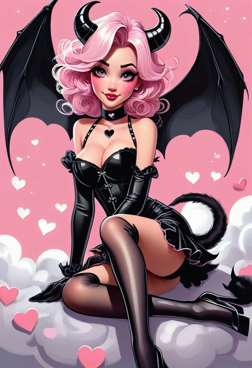 Character Design:
Character Type: A cute, stylized demon girl.
Pose: Seated in a relaxed, playful pose with legs extended and slightly crossed at the ankles. Leaning back on one arm for support.
Expression: Flirty and mischievous with a slight smirk.

Appearance:
Hair:Curly, pink hair styled in a vintage, pin-up fashion.
Eyes: Large, expressive eyes with long eyelashes.
Horns: Small, black devil horns protruding from the head.
Wings: Small, bat-like wings extending from the back.
Tail: A long, black devil tail with a heart-shaped tip.

Outfit:
Top: A black, tight-fitting corset with a sweetheart neckline.
Legwear: Pink, thigh-high stockings with a black heart pattern.
Shoes: Black high-heeled shoes.
Accessories: Black choker around the neck.

Background:
Color Scheme:Dominantly pink with soft, pastel hues.
Elements:Light grey clouds and sparkles scattered throughout to give a magical, dreamy effect.

Style:Pin-up, retro-inspired with a modern twist.
Coloring:Bright, vibrant colors with a focus on pinks and blacks.
Line Art:Clean, bold lines to emphasize the character and details.