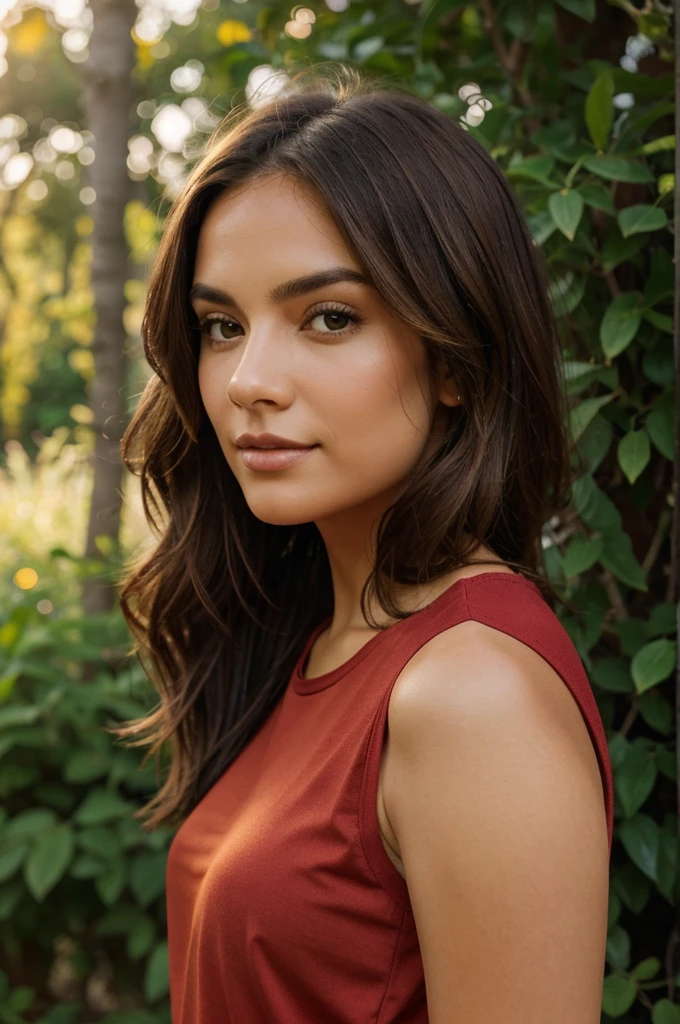 a woman is standing outdoors in a relaxed and confident pose, illuminated by the soft light of the setting sun, creating a golden hour effect. The background features a natural landscape with lush greenery and a hint of a clear sky, adding a serene and peaceful atmosphere to the scene. She has medium-length, wavy brown hair that is slightly tousled and frames her face.
The woman is wearing a red shirt that fits comfortably, giving her a casual yet fashionable appearance. The shirt is made from a soft, breathable fabric that drapes naturally.
The image is captured with high detail and clarity, showcasing an 8K resolution quality, using professional photography equipment like a Canon camera. The colors are vivid and natural, with no filters applied, emphasizing the authentic and unedited beauty of the moment.
Keywords: 8K, professional picture, Canon full resolution, natural light, no filter, casual, golden hour, outdoor, natural landscape, lush greenery, serene atmosphere, candid, stylish, warm light, high detail.