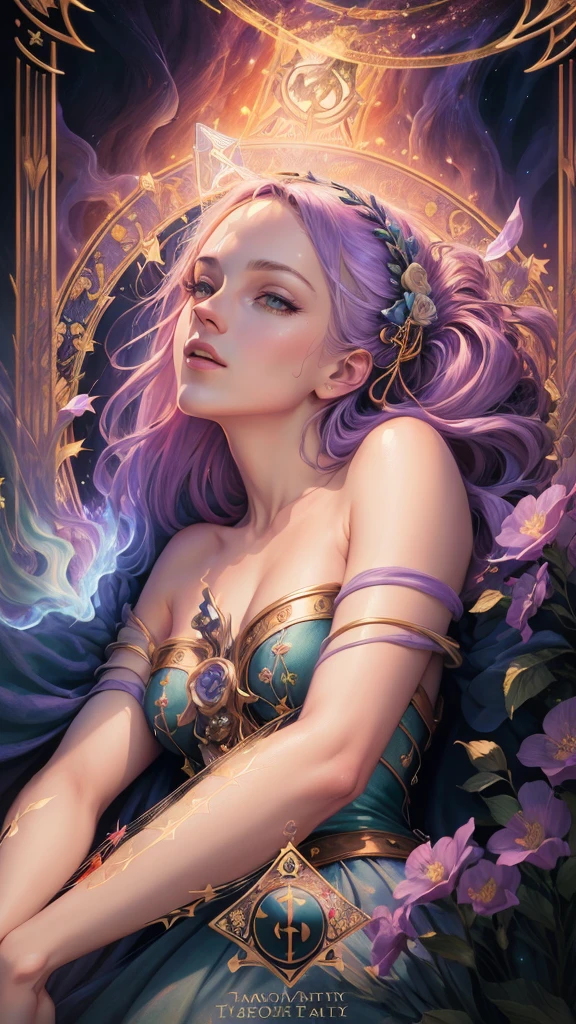 ((Best quality)) , ((Masterpiece)) , (Detailed) ，(Tarot card illustration:1.3),Room Wear, Gorgeous digital artwork, Ethereal magical atmosphere, (American beauty:1.3), Lavender shades, quantum wavetracing, Ultra-high resolution, 8K resolution