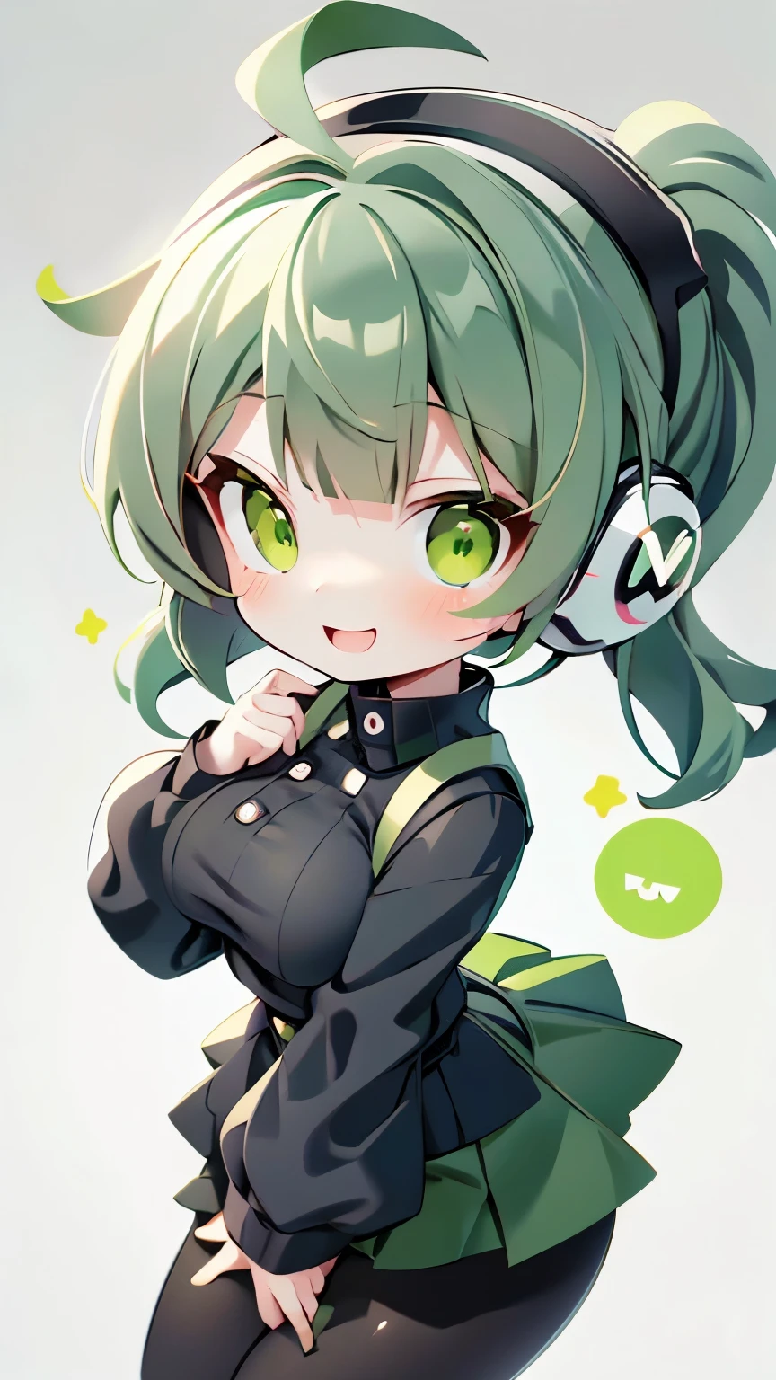 Chibi,ponytail,1 person,smile,headphone,high school girl,Green Hair,No sleeve,Black Pantyhose,highest quality,High resolution,Droopy eyes,Green Eyes,uniform,Straight bangs,Black and green outfit,Big Breasts,smile,mini skirt,Open your mouth a little,Pure white background