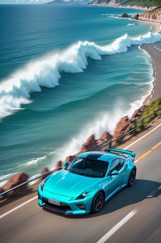Turquoise Nissan Fairlady Z speeding along the coastal road, blue sky, thundercloud, sea in the background, motion blur, ultra-high resolution, extremely detailed and accurate expression, vivid colors, midsummer sunshine,