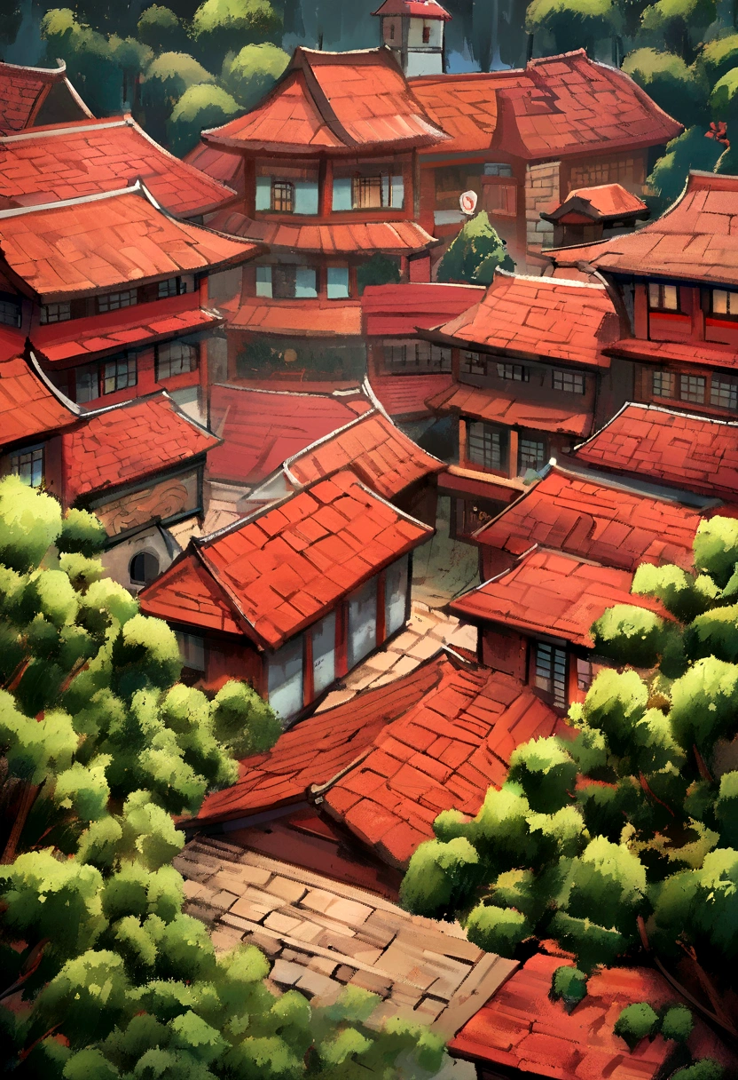 cape cod style house, Surrounded by green trees, Thick impasto style, gond art style,Close-up of a building with a sign, red bricks, Red building covered with Chinese characters, mud and brick houses, Eight thousand ), brick, red roof，nice，Clear and not blurry