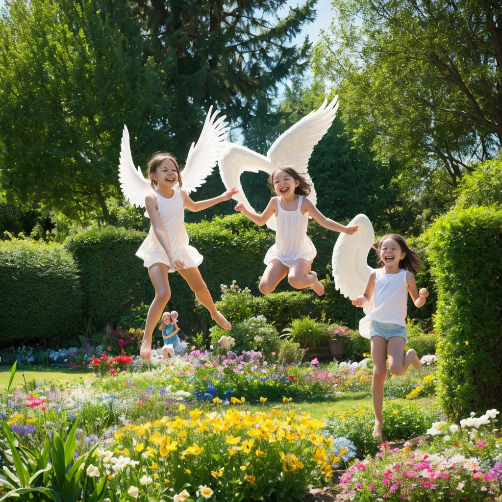 angel art, everyone jumps, smiles, joy, heaven, love, flower garden, happiness, light, lassen