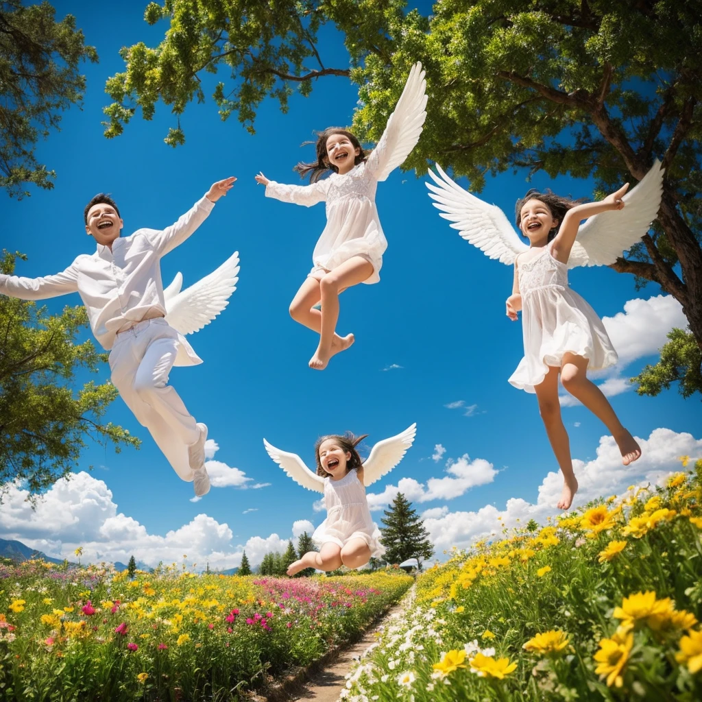 angel art, everyone jumps, smiles, joy, heaven, love, flower garden, happiness, light, lassen