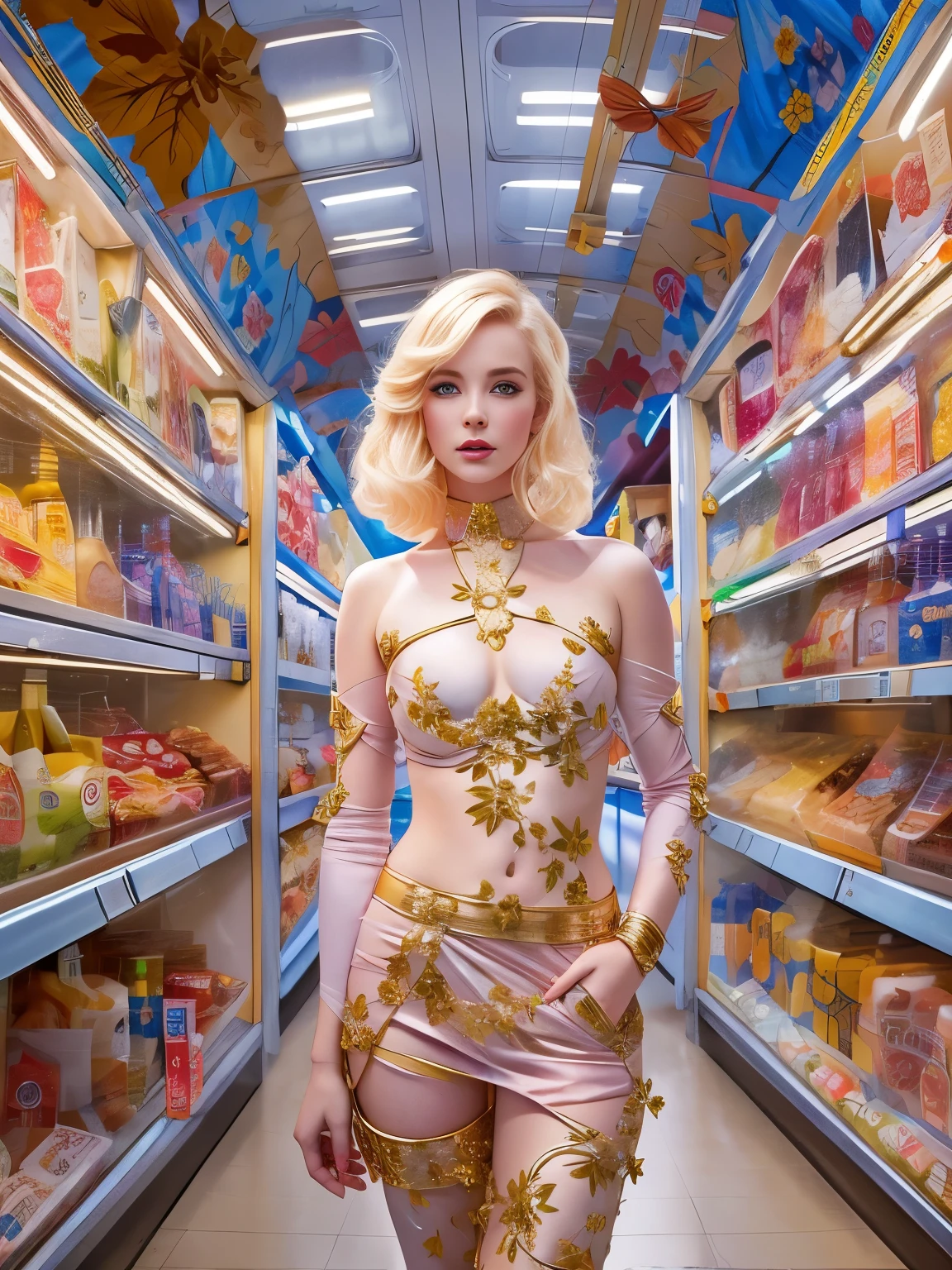 body portrait Photography, a gorgeous blonde Jedi knight. Age 23. in a mini market neo pop 60's , 80 degree view, art by Sergio Lopez , Natalie Shau, James Jean and Salvador Dali