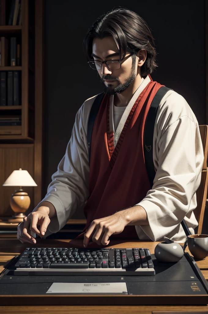 Notice me sempai, guy, programmer, with esoteric keyboard, perfect lighting and good composition 