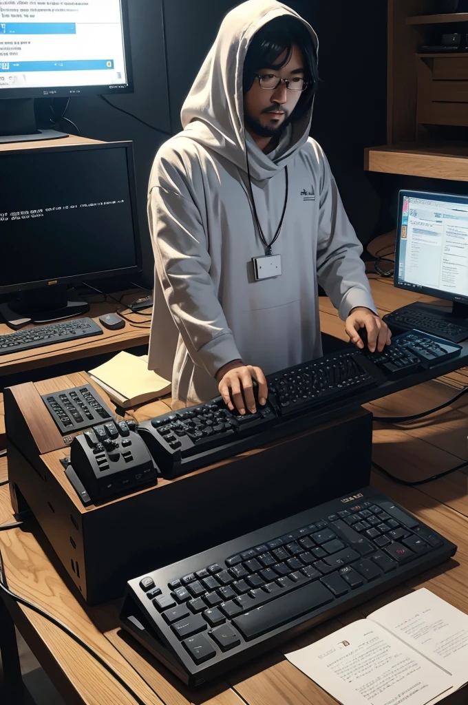 Notice me sempai, guy, programmer, with esoteric keyboard, perfect lighting and good composition 