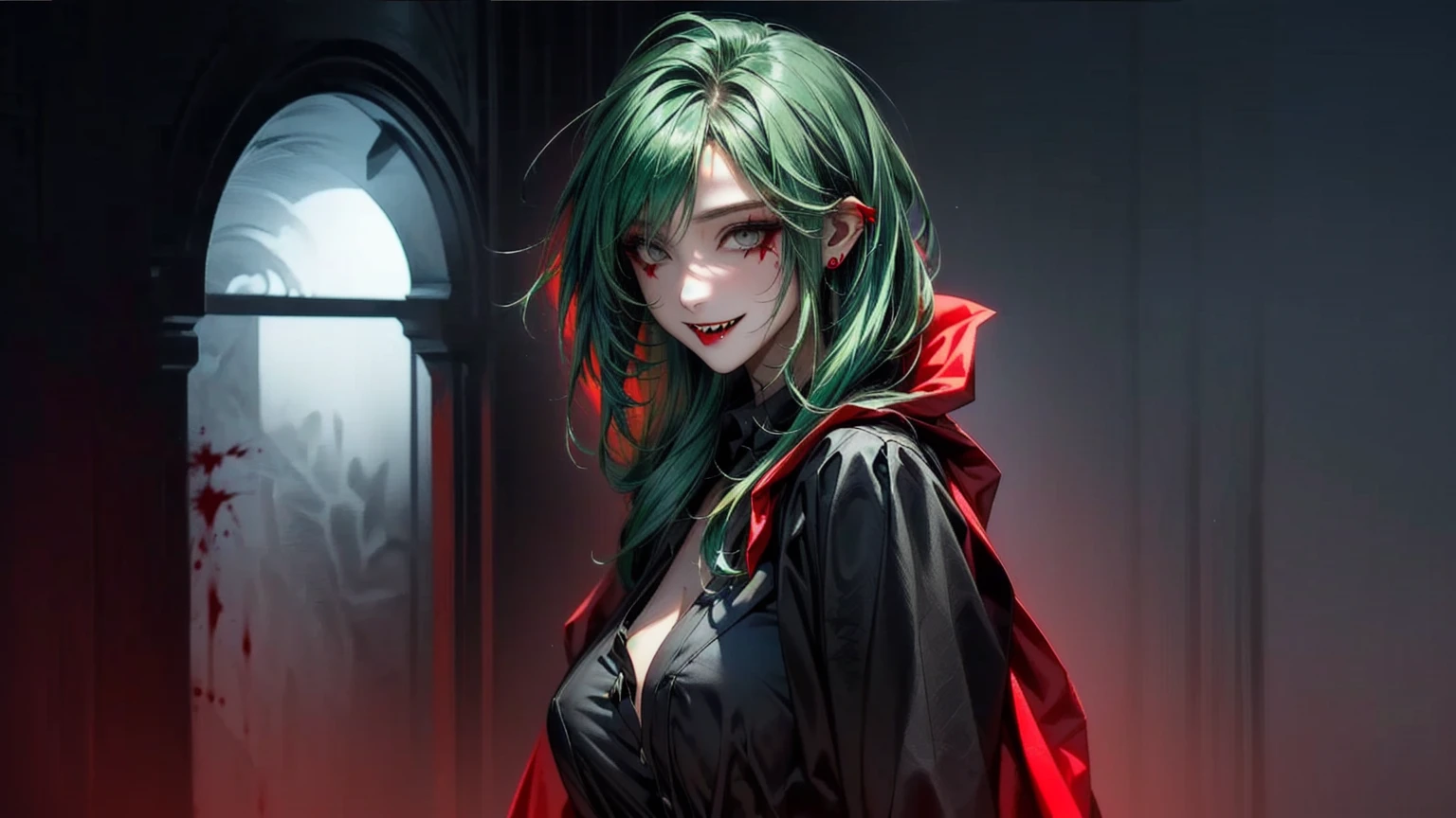 Dark mysterious vampire woman with fangs , with green hair, black shirt and grey eyes, There were blood stains at the corners of the mouth.