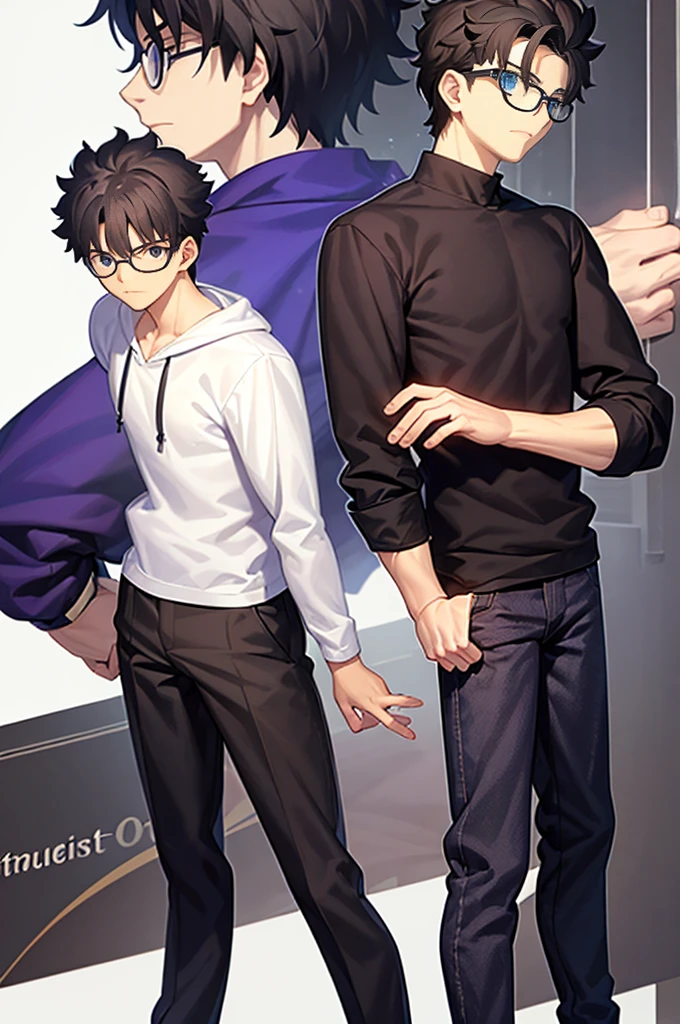 highest quality、masterpiece、Short black hair with natural curls、One boy、Blue eyes、24-year-old college student、Black and purple glasses、hoodie、Black sweater、Brown trousers、sneakers、whole body、White background