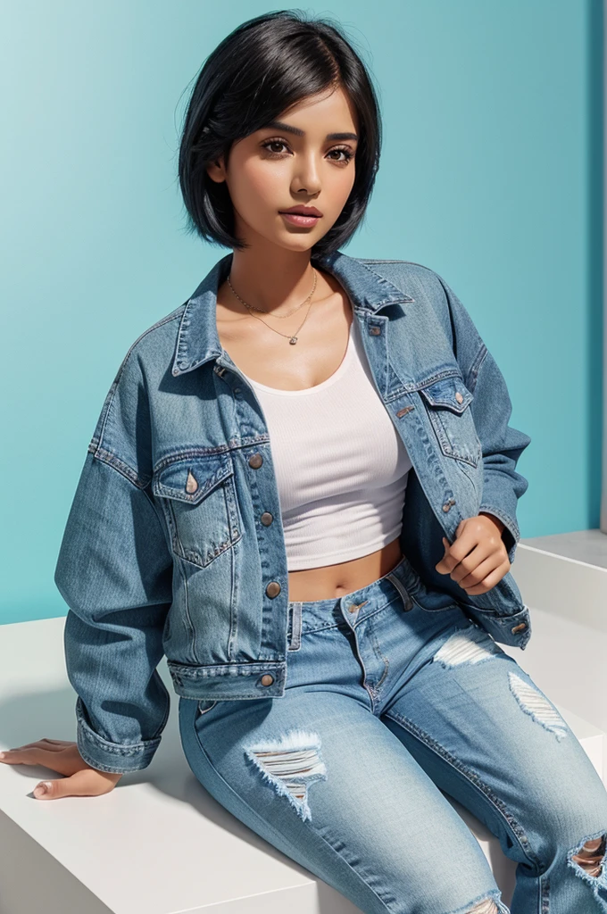A 3D illustration of a young South Asian woman with short black hair and brown eyes, wearing a casual outfit consisting of a blue denim jacket, white t-shirt, and light blue ripped jeans. She is lounging playfully on top of the green and white WhatsApp logo, which is slightly tilted to the side. The background is a social media profile page with the username "aitool24" displayed prominently at the top, and a gradient background of light blue and pink.