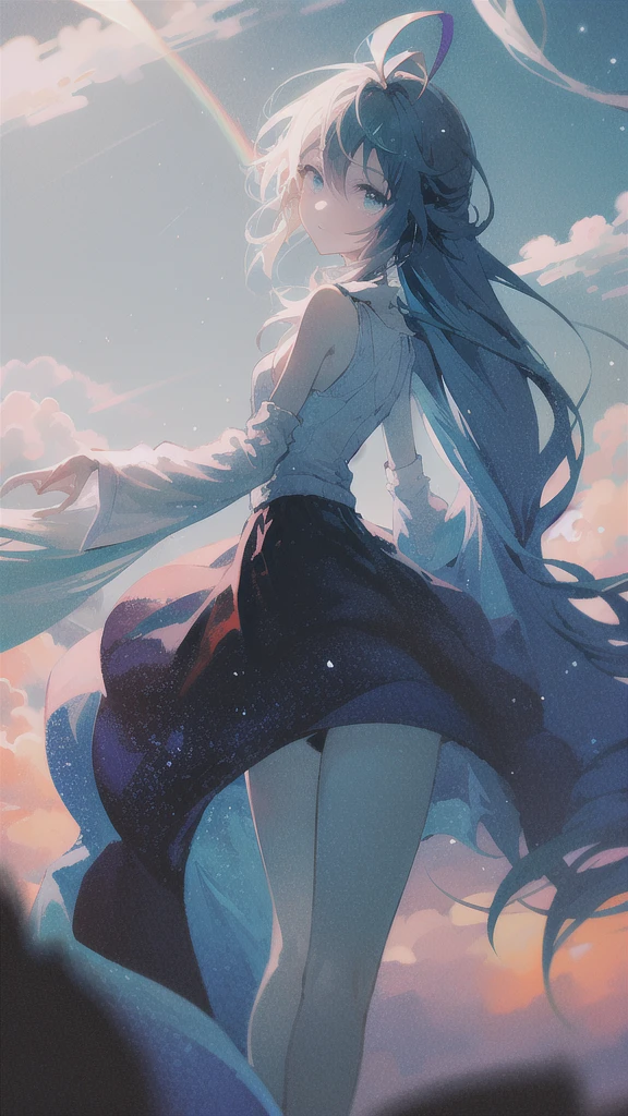 masterpiece, highest quality, Absurd, figure, watercolor, One girl, alone, Long Hair, Black Hair, dress, Skirt Hold, water遊び, No sleeve, barefoot, Exposing shoulders, Are standing, From behind, Outdoor, cloud, null, bird, water, rainbow, background, Light and shadow, Lighting,