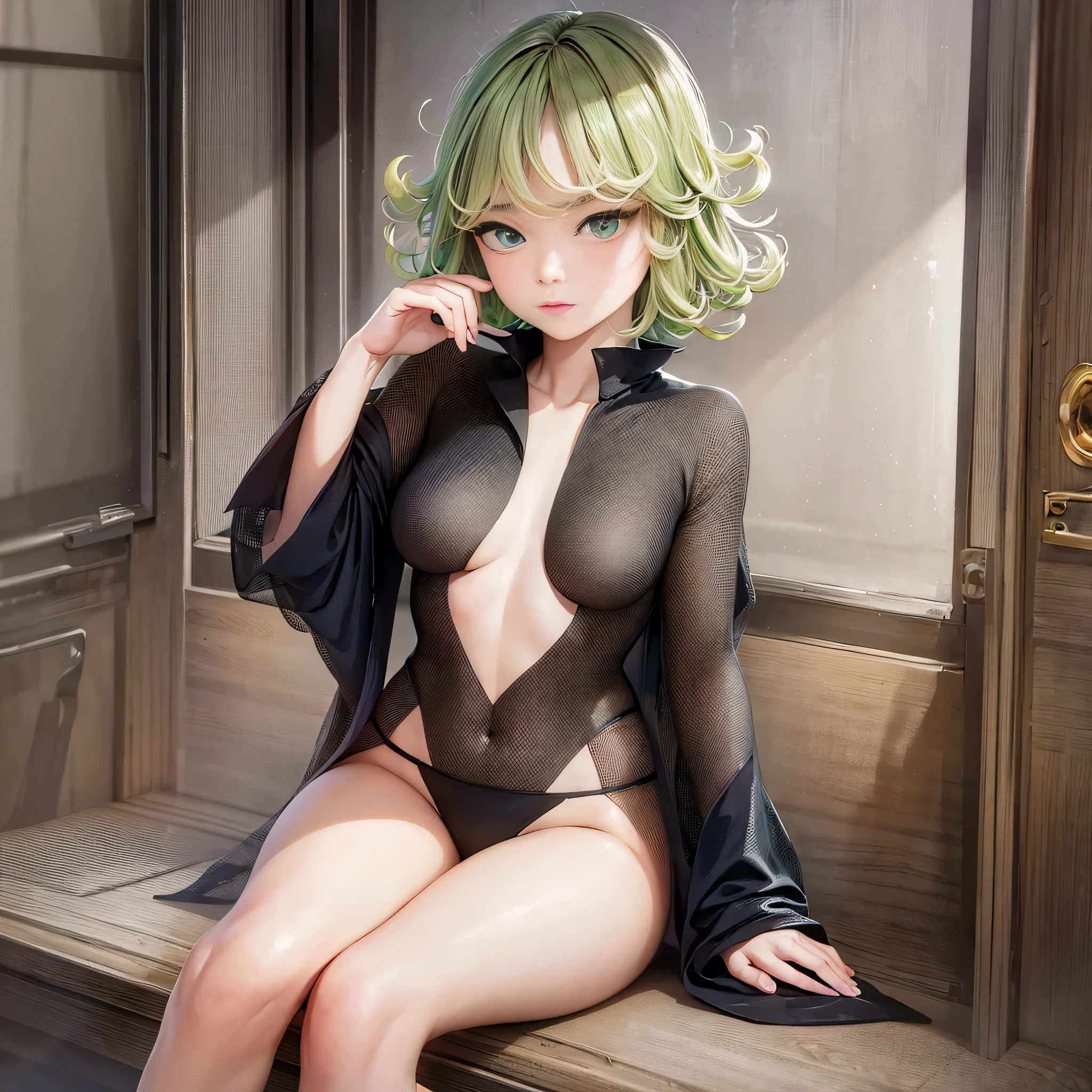 (masterpiece, best quality:1.2), solo, 1girl, tatsumaki, unamused, closed mouth, looking at viewer, hand on own face, sitting, crossed legs,short black kimono,green hair, green eyes,big thighs 