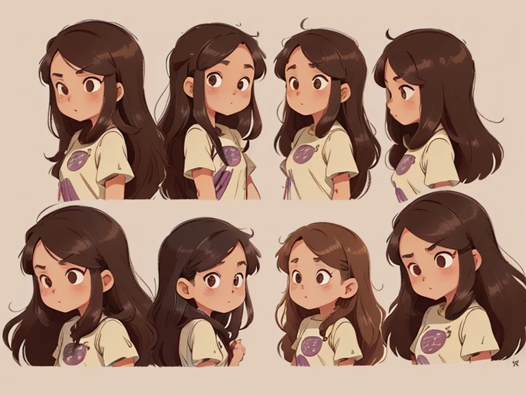 Character Sheet (front, back, right and left sides) white girl, with very tousled dark brown tousled long hair, golden brown eyes, Akira Toriyama's style