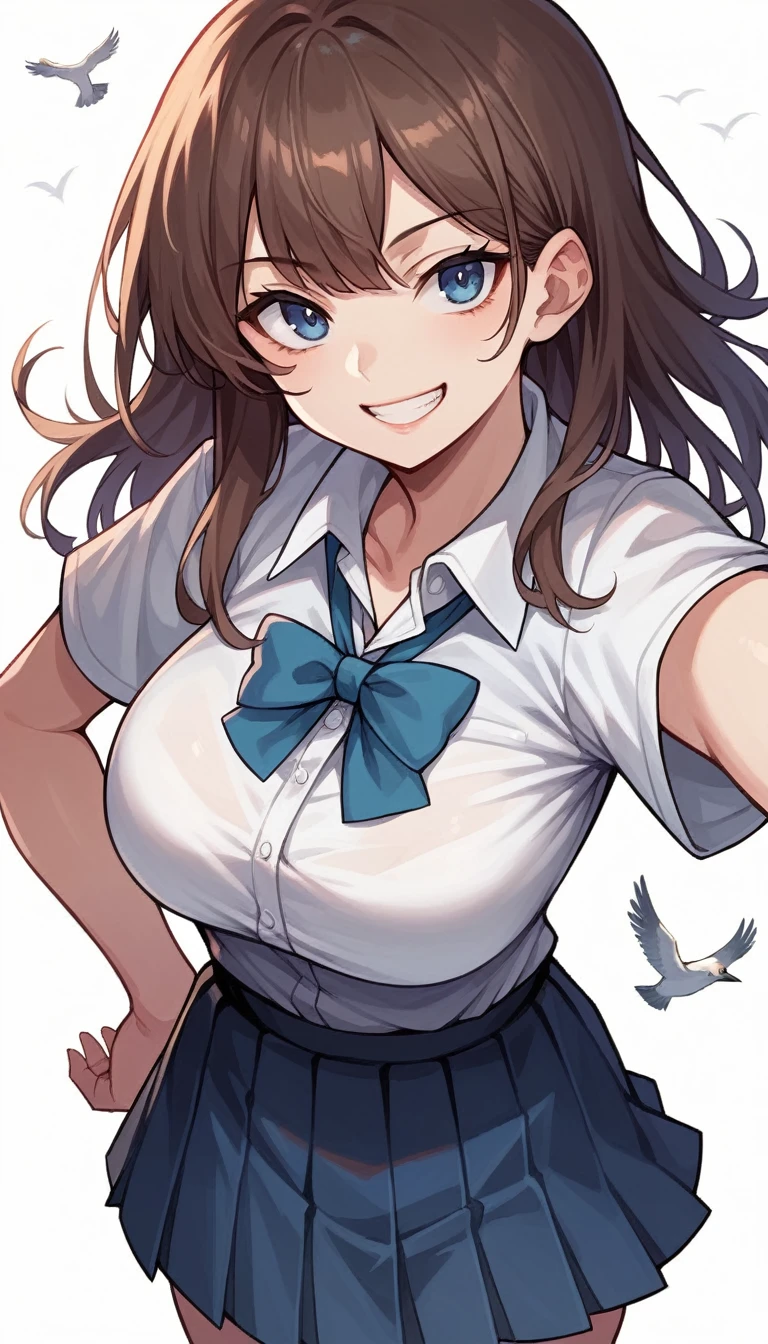 charlotte_corday, 1girl, brown_hair, skirt, smile, blue_eyes, long_hair, one_eye_closed, breasts, shirt, hair_intakes, bird, looking_at_viewer, white_shirt, large_breasts, short_sleeves, white_background, pleated_skirt, black_skirt, hand_on_hip, simple_background, bangs, grin, solo, collared_shirt, school_uniform, arm_up