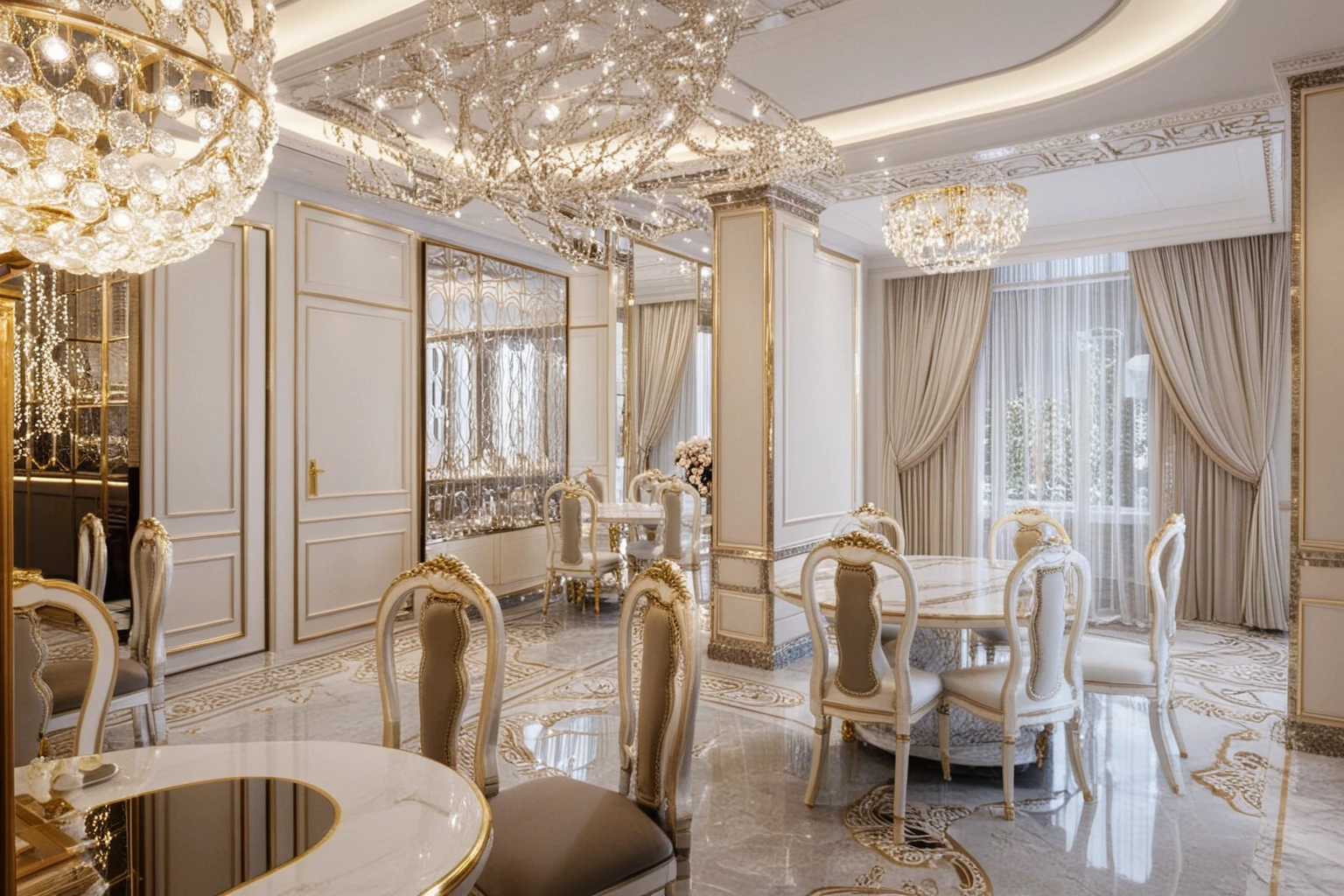 ,Masterpiece, Best quality,8K, Ultra-high resolution,When you step into the dining room and kitchen,Immediately surrounded by a rich atmosphere of luxury。Ornate crystal chandeliers hang high on the wall,Shine brightly。The sofa was covered with a soft white fluffy blanket,It is so comfortable,So much so that you can't help but indulge in it。In the corner of the dining room is a delicate coffee table,Embellished with precious porcelain and champagne gold ornaments。Whenever it is late afternoon,The afterglow from the window spilled on the floor,Soft light and shadow are reflected,It was as if entering a dreamland。