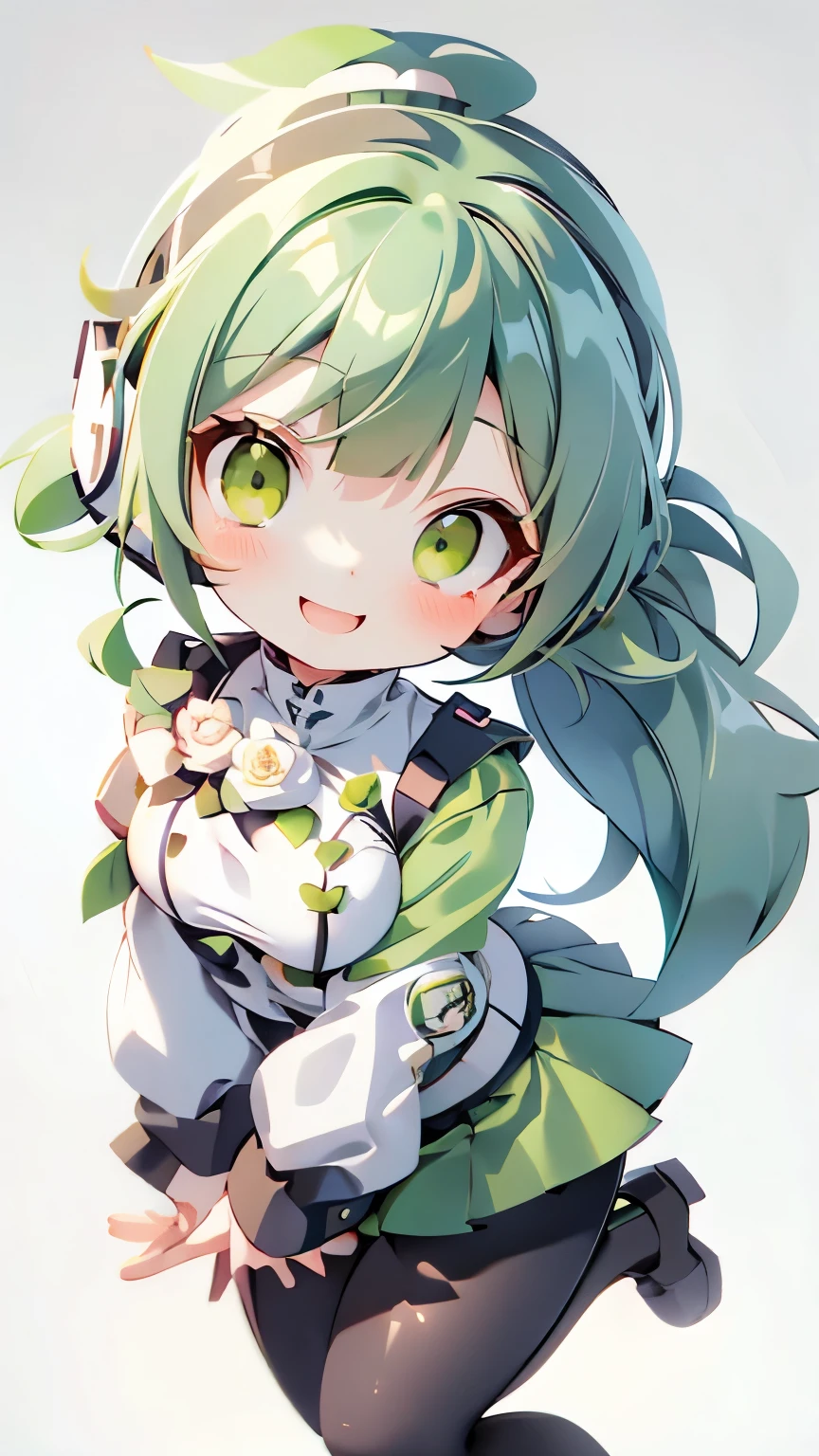 Chibi,ponytail,1 person,smile,headphone,high school girl,Green Hair,No sleeve,Black Pantyhose,highest quality,High resolution,Droopy eyes,Green Eyes,uniform,Straight bangs,Big Breasts,smile,mini skirt,Open your mouth a little,Pure white background,Add a rose hair clip