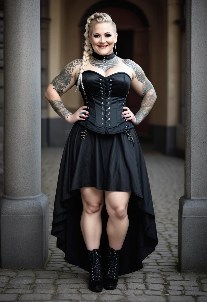 Foto of a (chubby) but muscular scandinavian woman, (Ingrid Mueller) 35 years old, blonde hair,sidecut and braided hairstyle, nordic tattoos. wearing goth outfit. black viktorian dress and corset. goth make-up. smiling. full body shot. masterpiece 4k high detailed, high quality