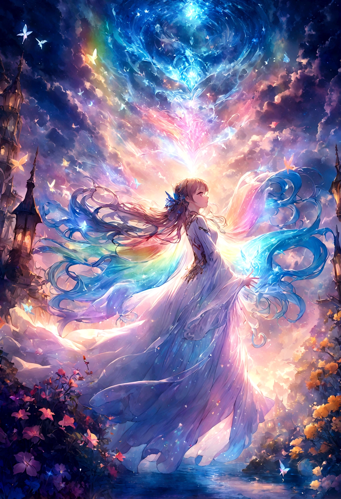 Girl casting a mysterious glowing spell, ((Fantasy rainbow ocean)), Vibrant colors, Ethereal Lights, Detailed speech bubbles, magical atmosphere, Stunning scenery, Dreamy atmosphere, sparkling, Flowing robe, a touch of magic, Ethereal creatures, ((Sparkling waves)), Mysterious symbols, Surreal beauty, Mist, There's magic in the air, Mesmerizing moments,Mysterious atmosphere, Whimsical Creatures, Full of charm, Fairy, Supernatural powers, Fantasy realm