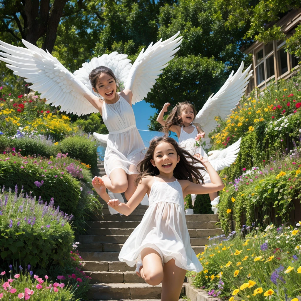 angel art, everyone jumps, smiles, joy, heaven, love, flower garden, happiness, light, lassen