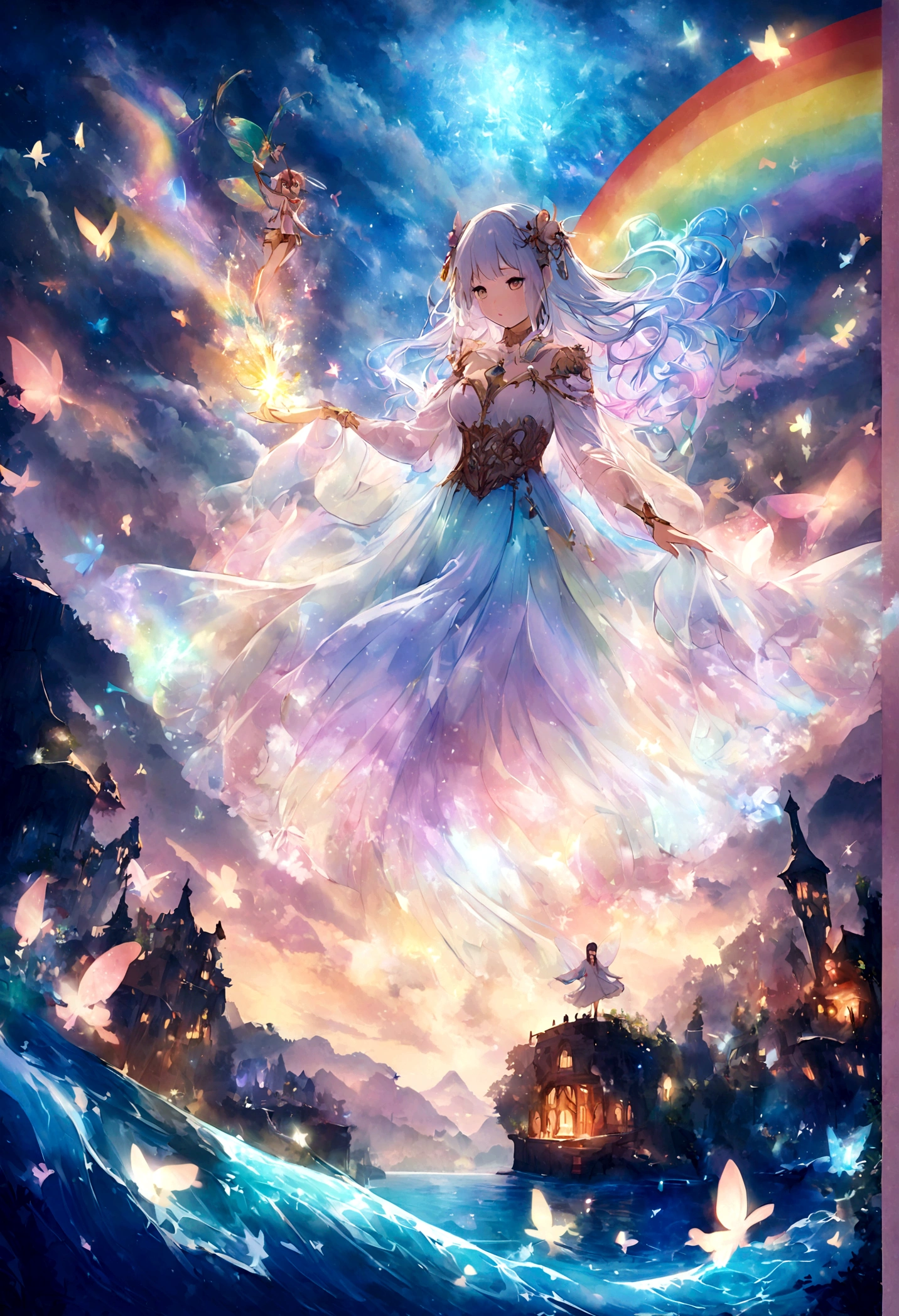 Girl casting a mysterious glowing spell, ((Fantasy rainbow ocean)), Vibrant colors, Ethereal Lights, Detailed speech bubbles, magical atmosphere, Stunning scenery, Dreamy atmosphere, sparkling, Flowing robe, a touch of magic, Ethereal creatures, ((Sparkling waves)), Mysterious symbols, Surreal beauty, Mist, There&#39;s magic in the air, Mesmerizing moments,Mysterious atmosphere, Whimsical Creatures, Full of charm, Fairy, Supernatural powers, Fantasy realm