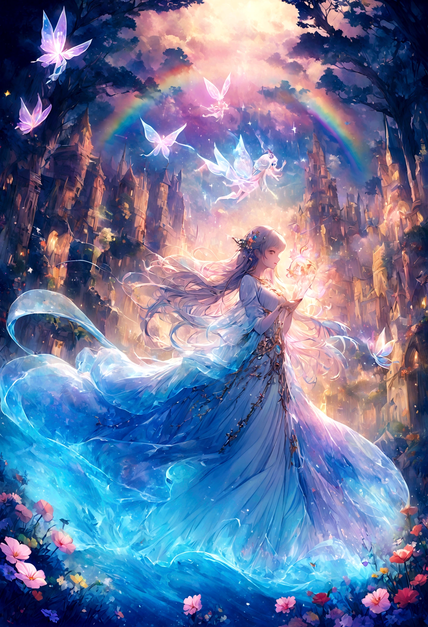 Girl casting a mysterious glowing spell, ((Fantasy rainbow ocean)), Vibrant colors, Ethereal Lights, Detailed speech bubbles, magical atmosphere, Stunning scenery, Dreamy atmosphere, sparkling, Flowing robe, a touch of magic, Ethereal creatures, ((Sparkling waves)), Mysterious symbols, Surreal beauty, Mist, There&#39;s magic in the air, Mesmerizing moments,Mysterious atmosphere, Whimsical Creatures, Full of charm, Fairy, Supernatural powers, Fantasy realm