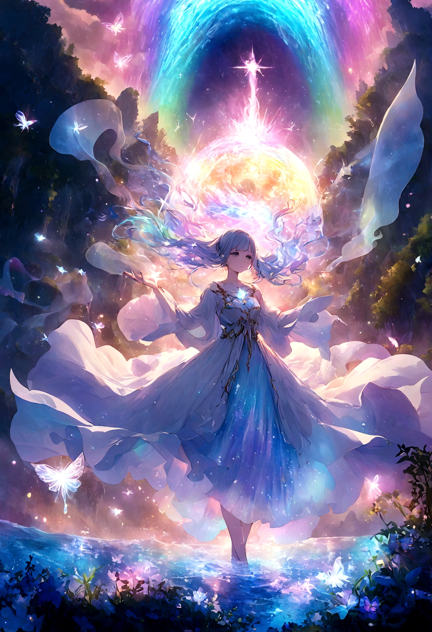 Girl casting a mysterious glowing spell, ((Fantasy rainbow ocean)), Vibrant colors, Ethereal Lights, Detailed speech bubbles, magical atmosphere, Stunning scenery, Dreamy atmosphere, sparkling, Flowing robe, a touch of magic, Ethereal creatures, ((Sparkling waves)), Mysterious symbols, Surreal beauty, Mist, There&#39;s magic in the air, Mesmerizing moments,Mysterious atmosphere, Whimsical Creatures, Full of charm, Fairy, Supernatural powers, Fantasy realm